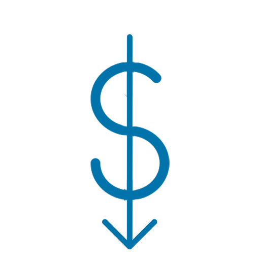 blue outlined icon of a dollar sign with a decreasing arrow