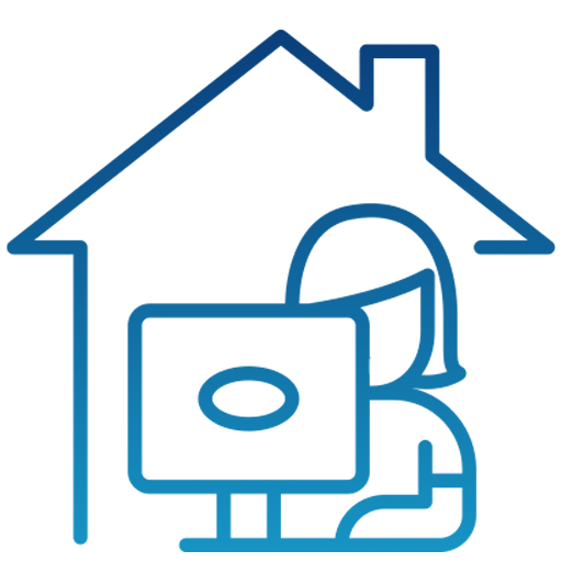 blue gradient icon of a woman using a computer at home
