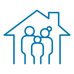 blue outlined icon of family of three in home
