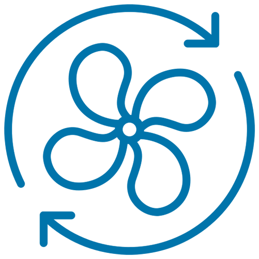 blue outlined icon of fan and circulating arrows