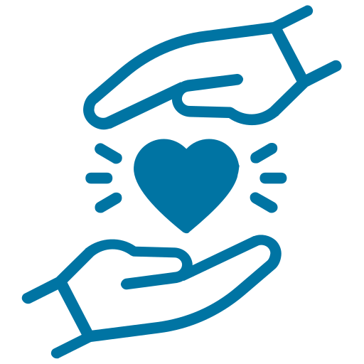 blue outlined icon of two hands cupping a heart
