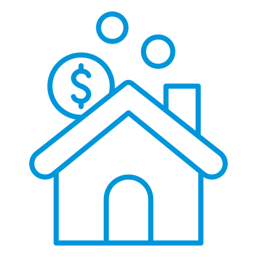 blue outlined icon of a home with two empty bubbles and one with a dollar sign
