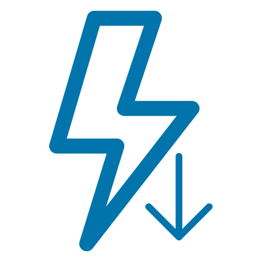 blue outlined icon of a lightning bolt with a decreasing arrow