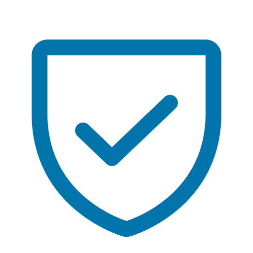 blue outlined icon of shield with a checkmark