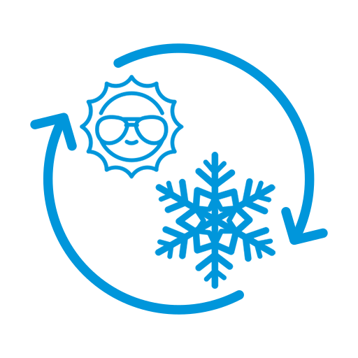 blue outlined icon of a smiling sun in sunglasses and a snowflake in a cycle