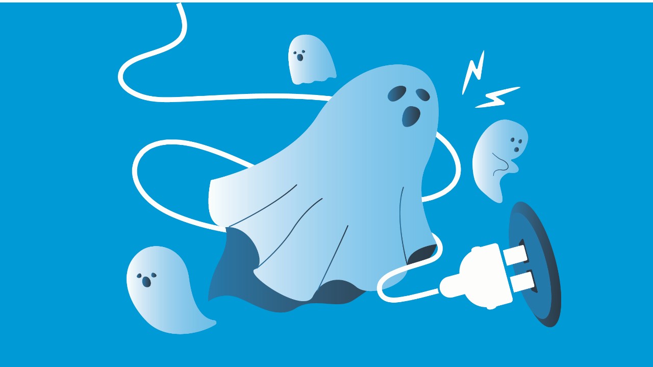 ghost surrounded by electric plugs