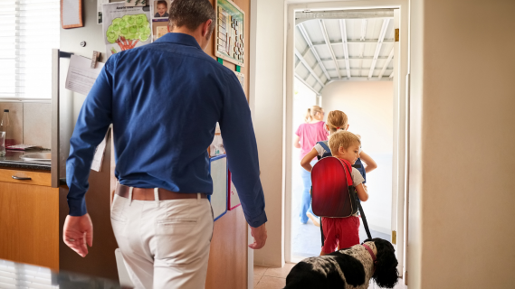 family leaving house for school and work