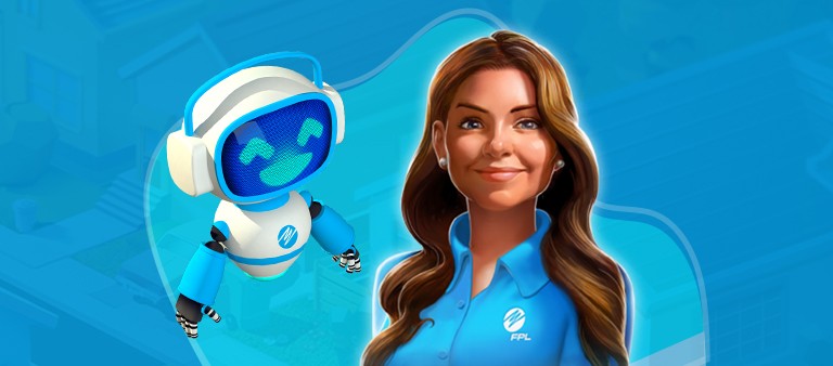 maria and saver robot in front of blue background